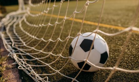 Soccer ball in the gate net, nobody